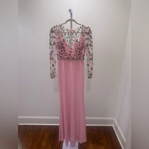 Mac Duggal Beaded Trumpet Gown 67870 PINK Long Sleeve High Neck Formal Dress